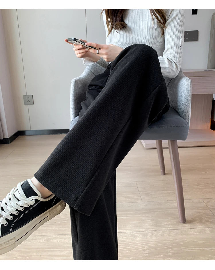 Seoulish Autumn Winter Thicken Woolen Casual Loose Full Length Pants 2025 New Button High Waist Chic Wide Leg Trousers Female