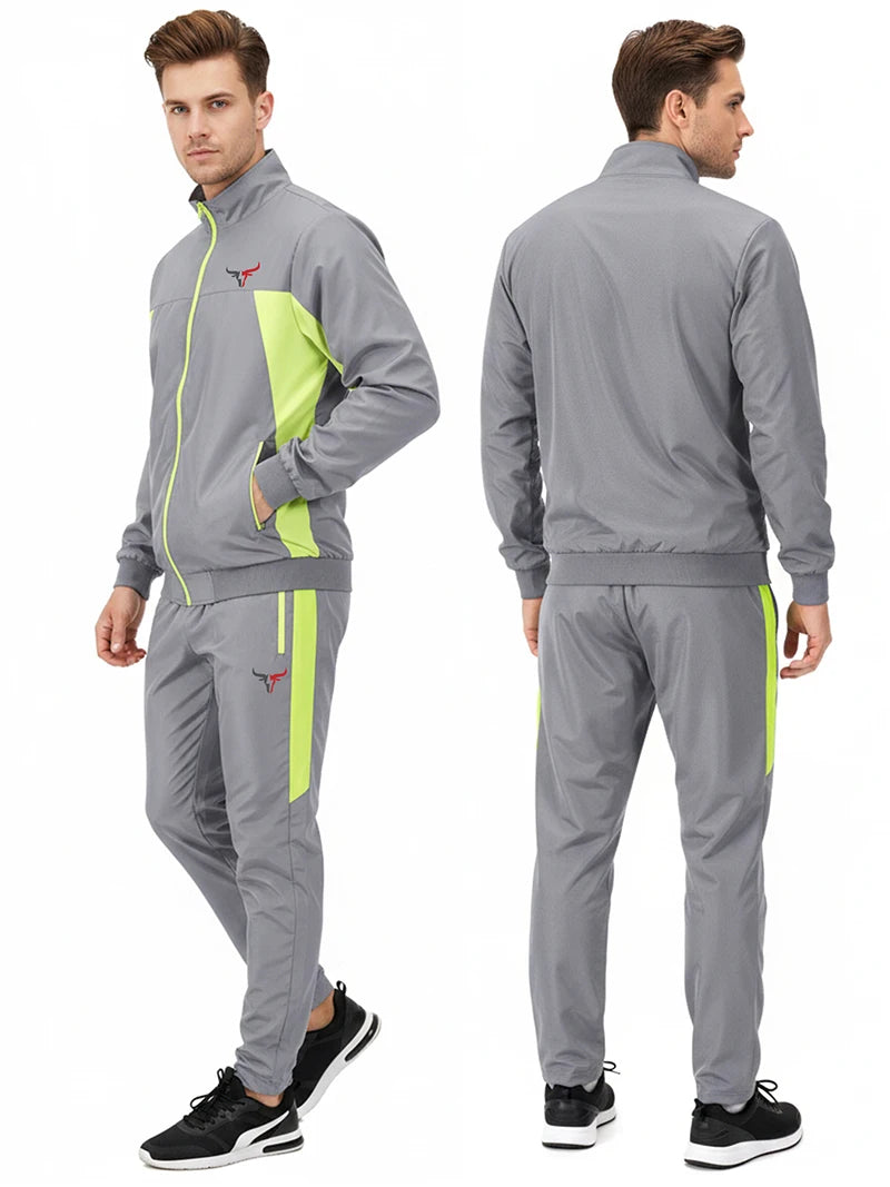 Bull Print Colorblock Sports Set for Men Outdoor Stand Collar Zip Up Jacket Coat Outwear Tops Pants Trousers with Zipper Pockets
