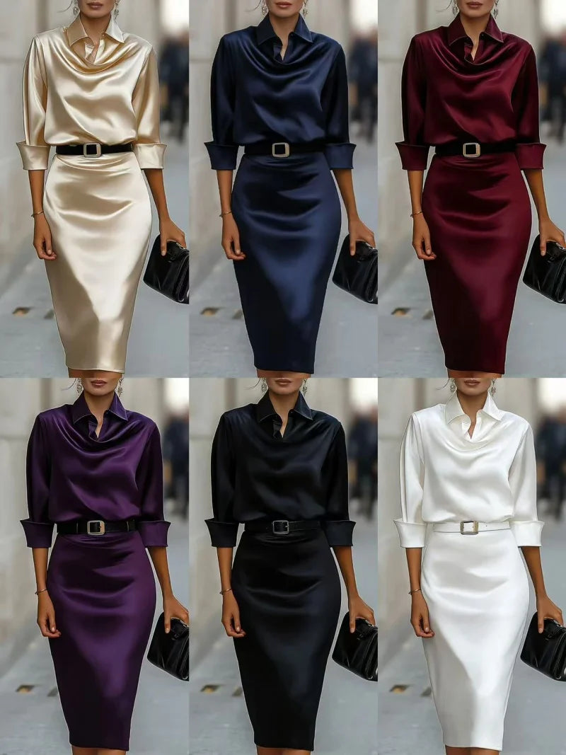 Satin Cowl Neck Shirt Dress With Belt Long Sleeve Bodycon Midi Dress For Women Elegant Casual Party Evening Gown