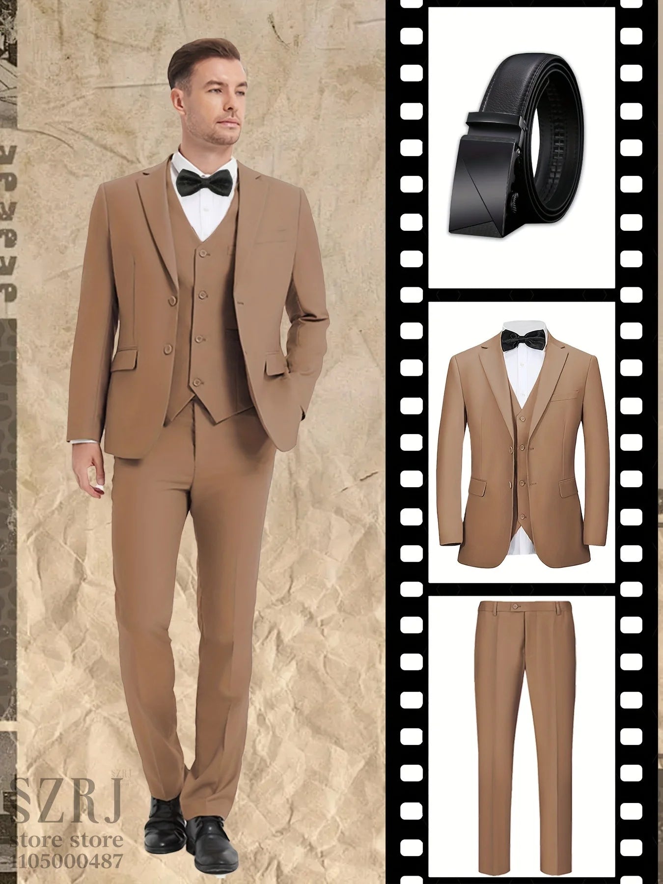 4pcs Men's Formal Suit Set: Tuxedo, Vest, Pants, Belt with .Classic Elegant Attire for Business, Party, Banquet, Job Interview