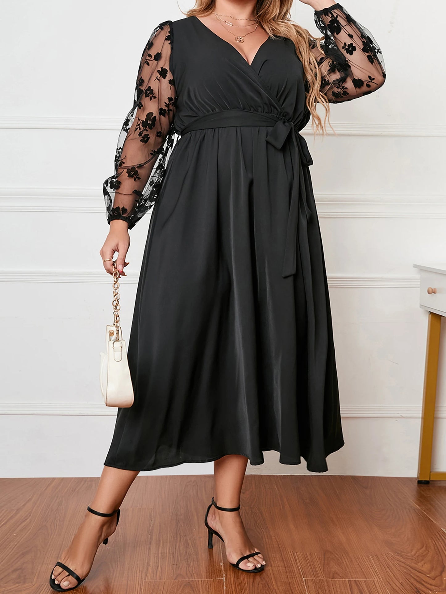 Women s Plus Size Satin Dress Embroidered Lace Long Sleeve Wrap V-Neck A Line Dress with Belt for Spring Fall Wedding Party