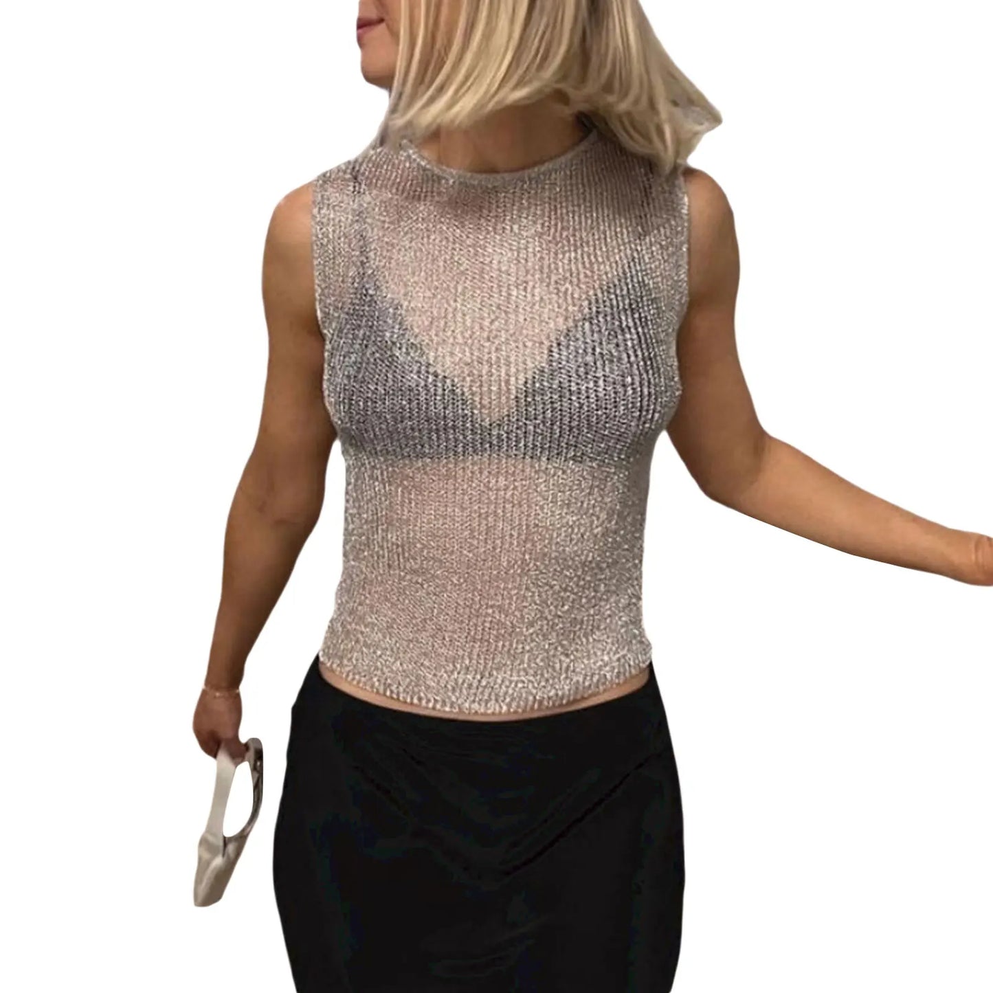 Women s Casual Loose Fit Tank Tops Sleeveless O Neck Solid Color Summer Vest Blouse Sheer Crop Tops for Ladies