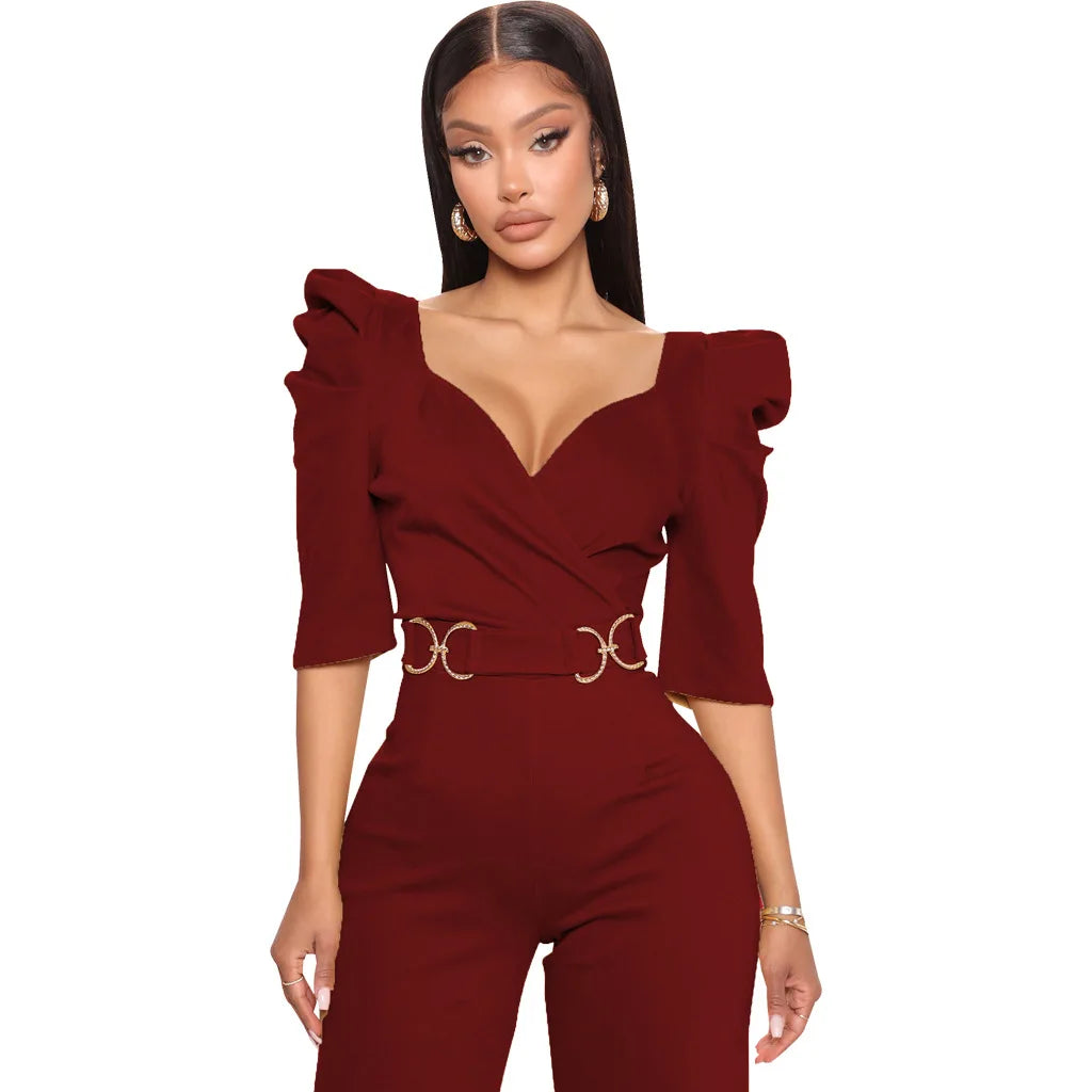 Sexy fashion solid color seven-quarter sleeve V-neck women's jumpsuit SMR10805