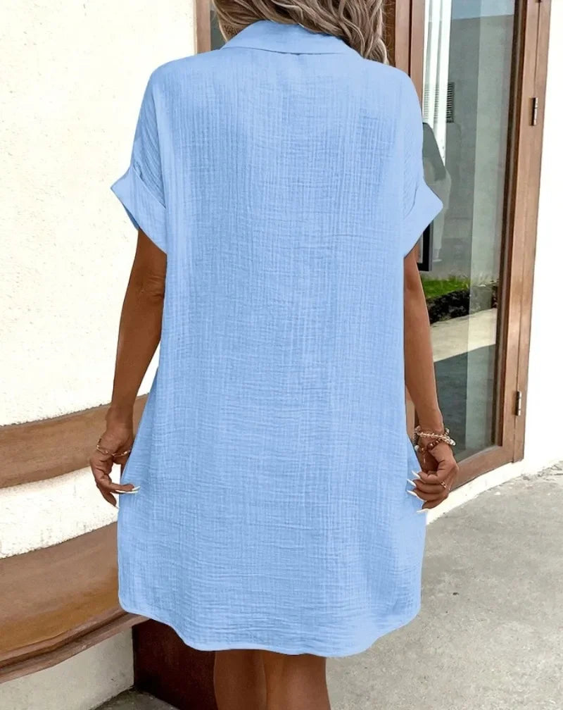 Women's Fashion Summer Minimalist V-neck Button Up Dress Woman Cotton Linen White Short Sleeved Pocket Casual Loose Shirt Dress