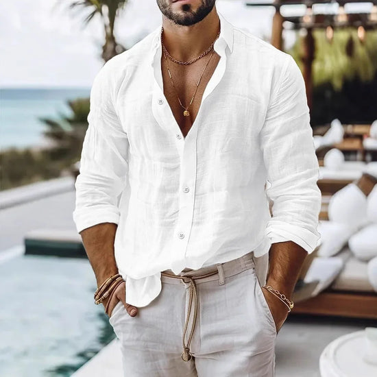 Solid Single Pocket Cotton Linen Shirt Men Summer Beach Light Breath Single Breasted Lapel Casual Blouse