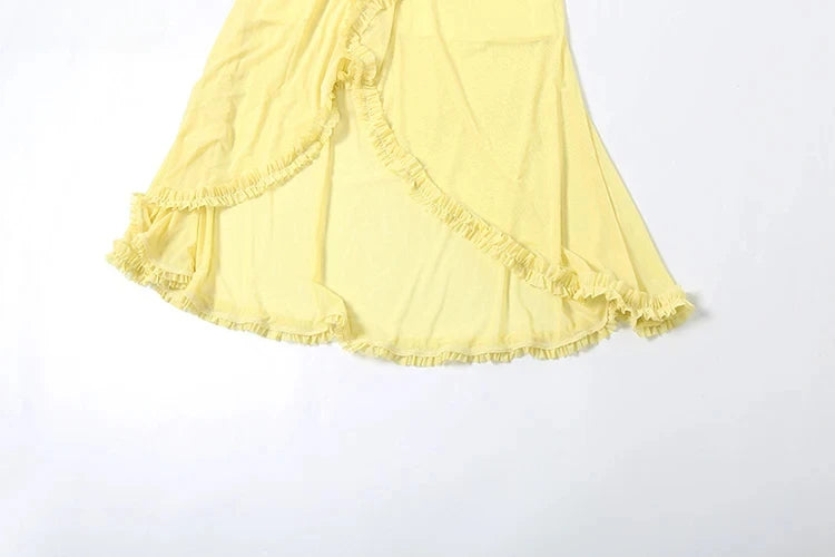 Weird Puss Ruffles Bandage Dress Women Sexy Backless Sleeveless Tassel Lace-Neck See Through Slits Hem Prom Party Long Bodycon