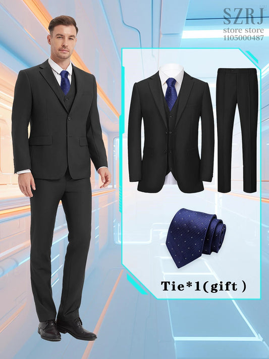 Men's 4-Piece Suit: Jacket+Vest+Pants+Blue Spotted Tie.Gentleman Style, Premium, Tailored. For Business, Parties, Weddings.