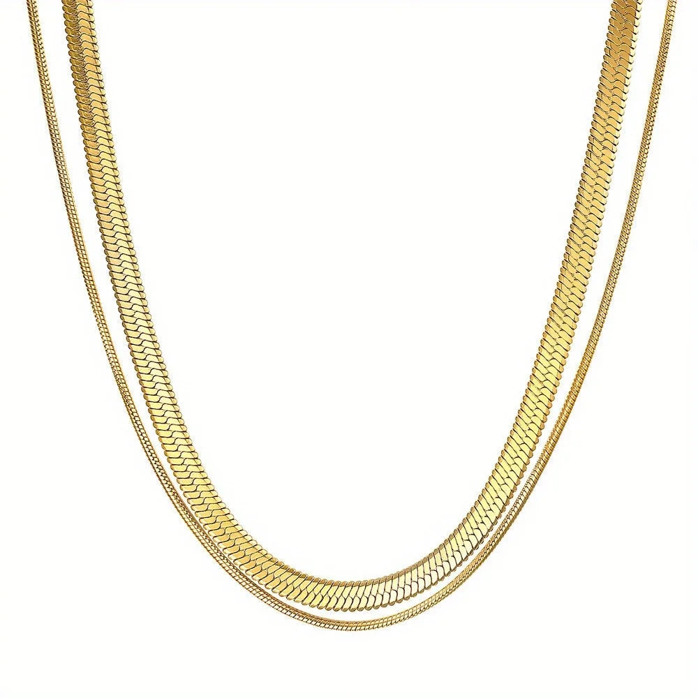 Elegant Double-Layered Stainless Steel Necklace with Round & Flat Snake Chain - Perfect for Casual Attire or Gifting