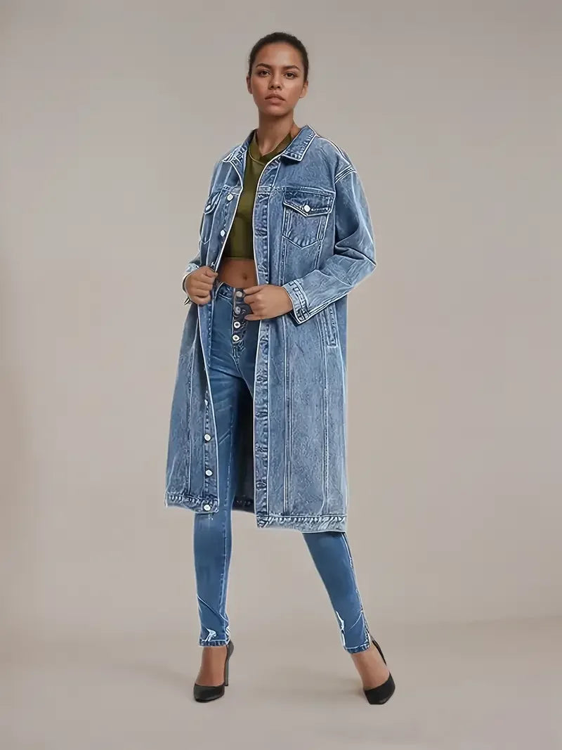 Women's Distressed Denim Trench Coat - Oversized Boyfriend Jacket with Button Closure & Long Loose Fit, Casual Streetwear