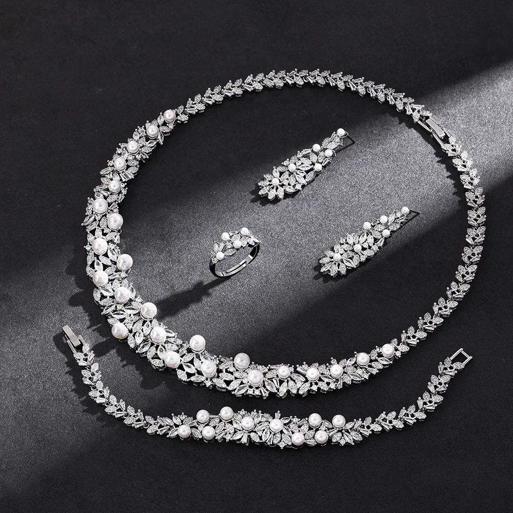 Fashion Pearls Zirconia Necklace Jewelry Set Luxury Dubai UAE Bridal Party Jewelry Set for Women Bride Gift