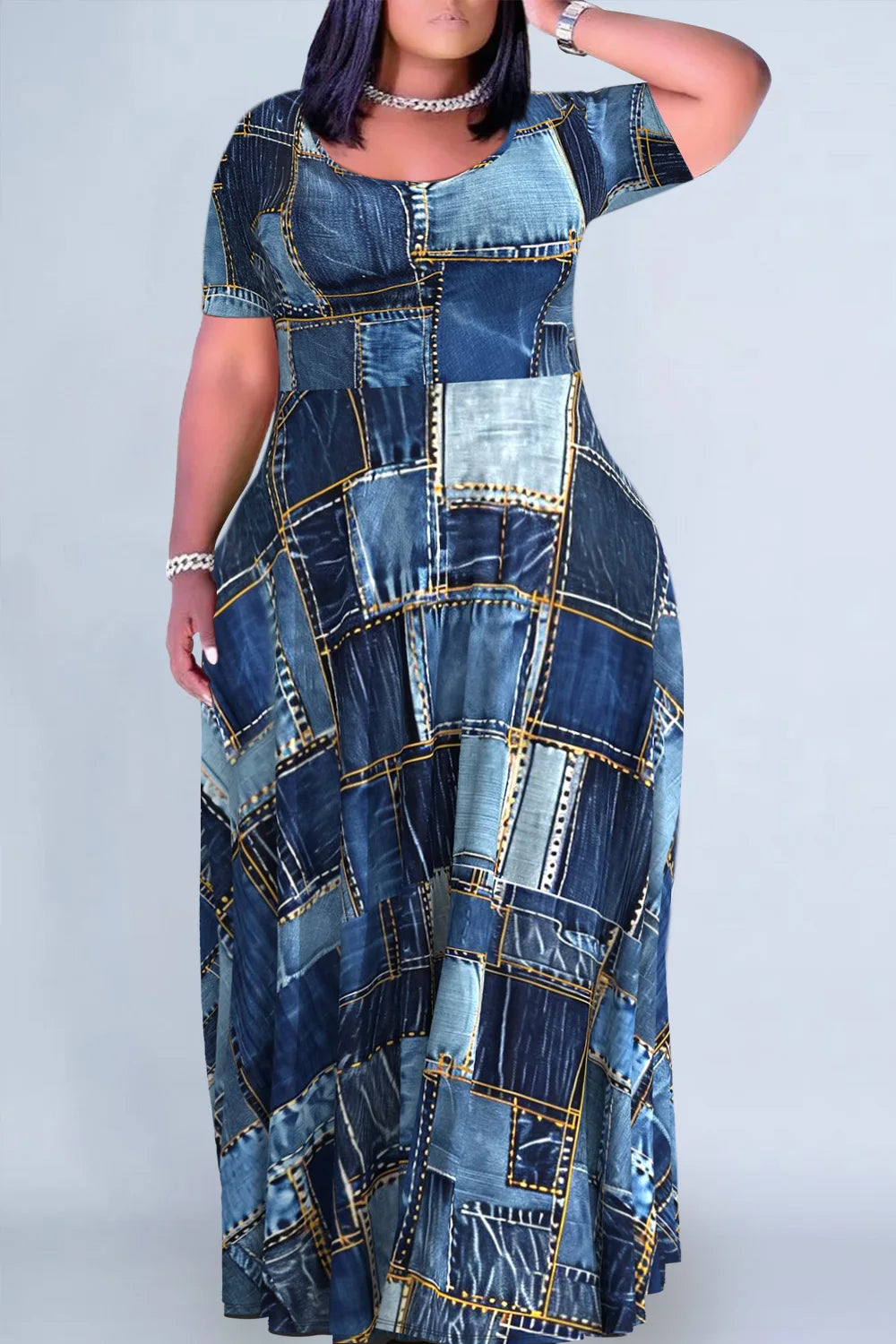 Plus Size Dark Blue Patchwork Crew Neck Denim Print Maxi Dresses
