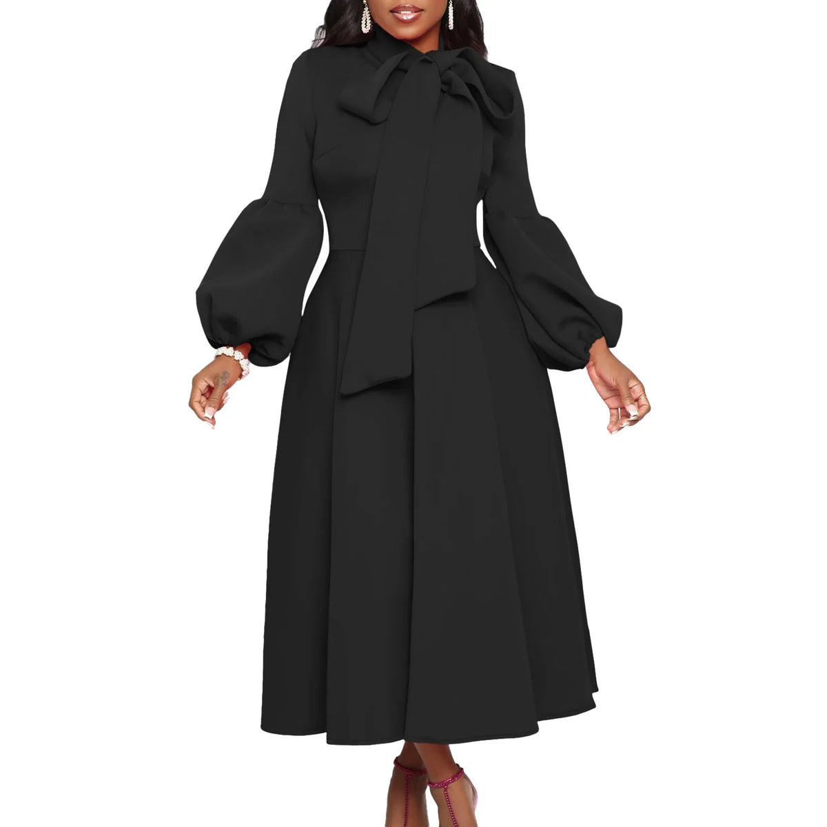 Elegant Party Dresses for Women Luxury Woman 2024 Bow Collar Full Sleeve High Waisted Pleated Mid Calf Birthday Dinner Celebrate