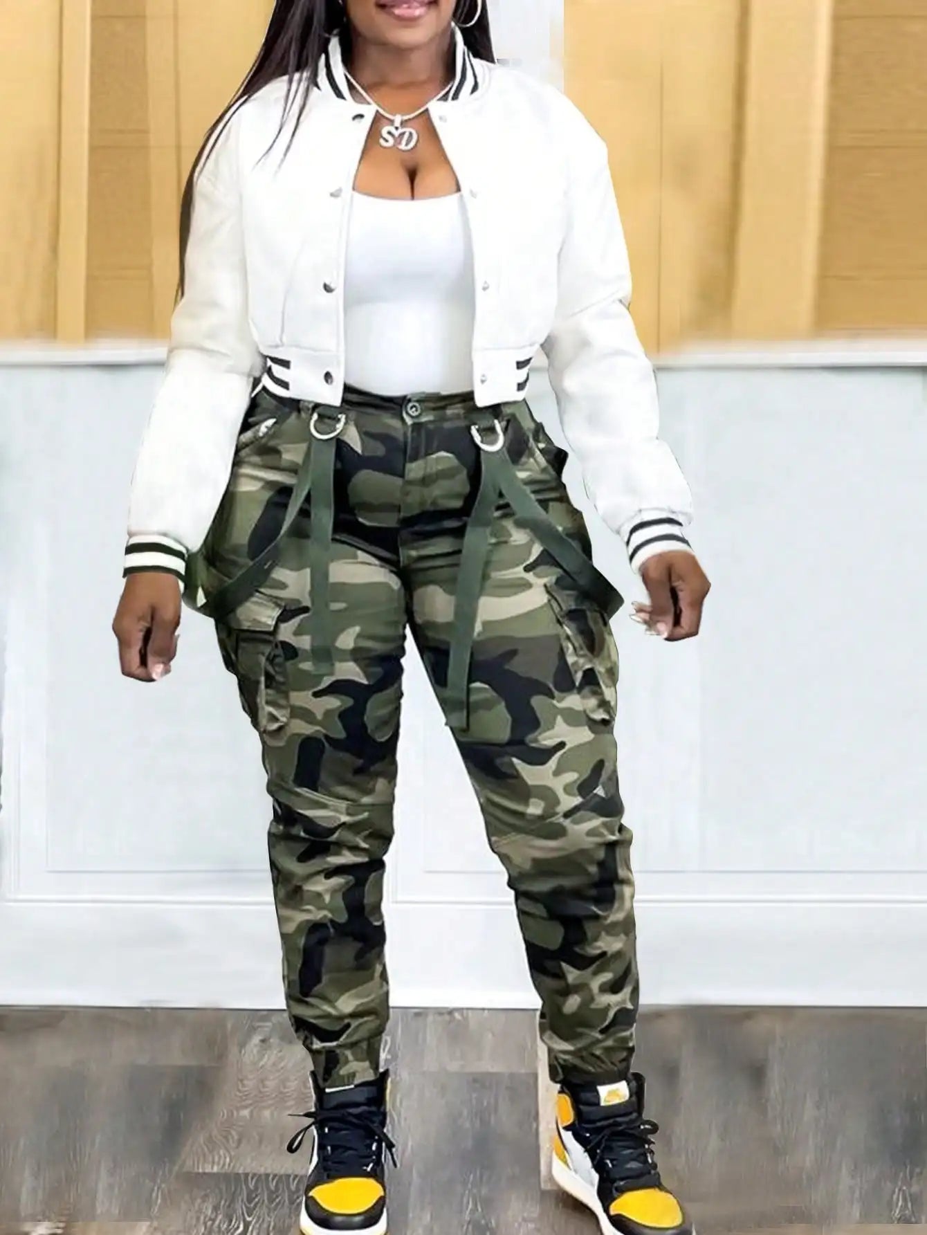 Women's Y2K Camo Cargo Pants - High-Waisted Slim Fit Army Fatigue with Suspenders, Casual Jogger Sweatpants