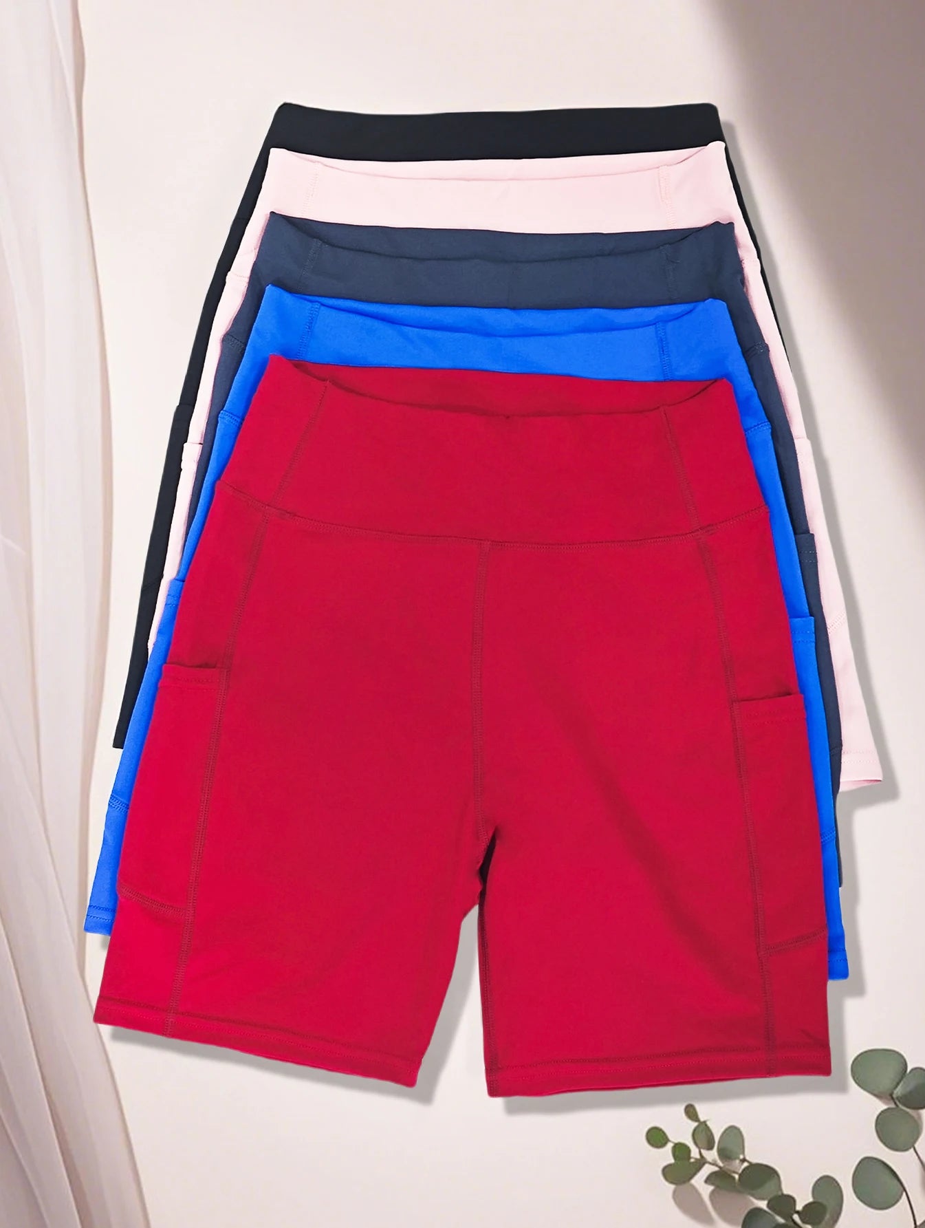 Women's sports leggings; fitness running shorts; breathable sports yoga leggings; with pockets, 5PCS