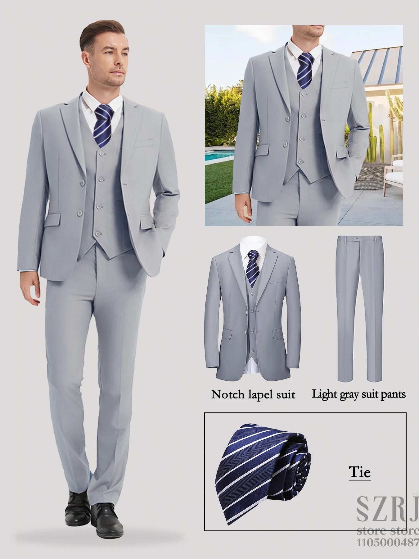 Men's 4-Piece Suit: Jacket+Vest+Pants+Blue Striped Tie. V-Neck, Gentleman Style, Tailored. For Business, Parties, Weddings.