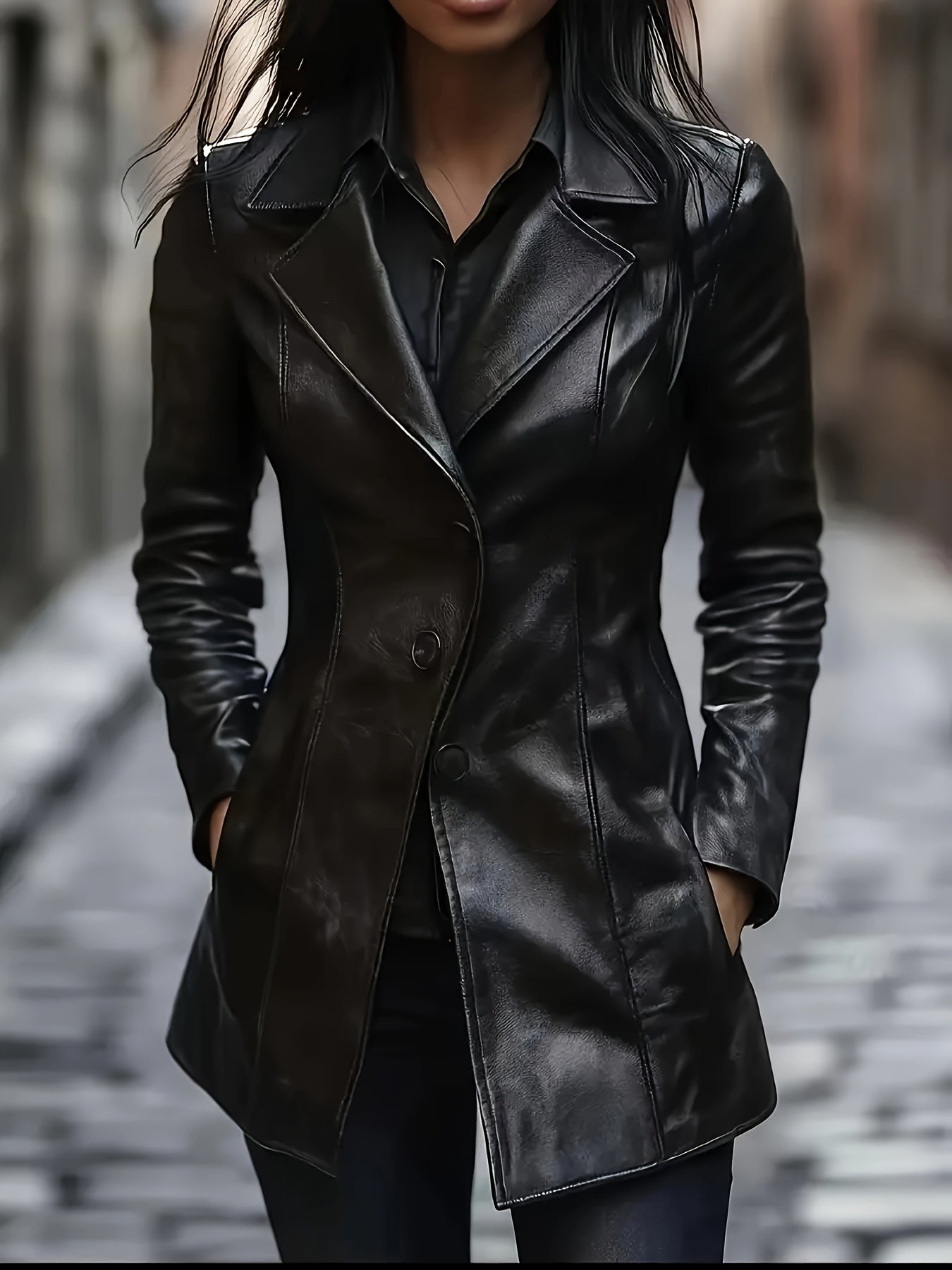 Leather Women's slim-fit jacket - elegant collar, mid-length outerwear with a single-button front closure, A-line cut, umbrella-shaped hem, suitable for casual and professional wear all year round, long sleeves
