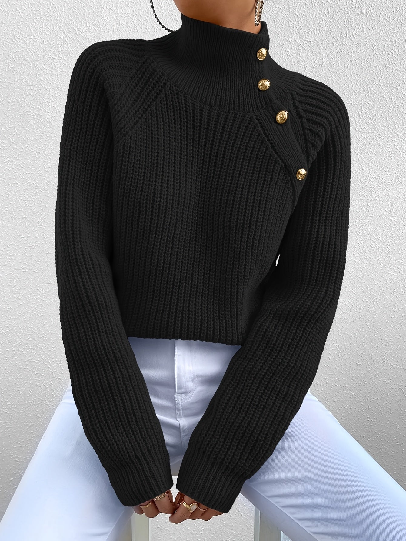 [Elegant High-Neck Pullover] Elegant High-Neck Long Sleeve Pullover for Women - Solid Color, Button Detail, Ribbed Texture, Fall/Winter Fashion, Black, Versatile Top | Button Detail Top | Construction, Sweater Dress