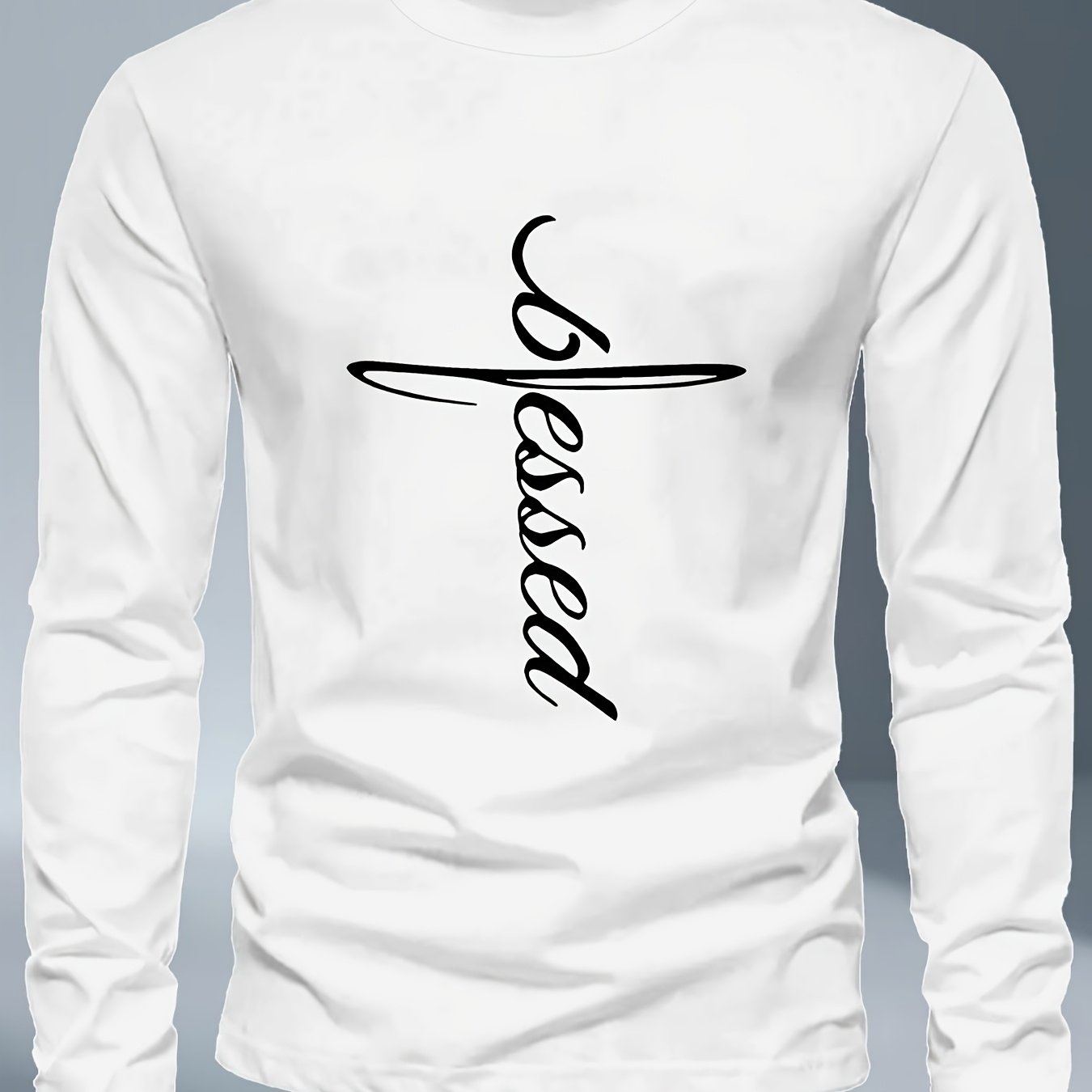 Men's Plus Size Long Sleeve T-Shirt - Dark Gray/Black Blessed Script & Cross - Soft Everyday & Formal Shirt - Machine Washable Casual Top for Religious Events Casual Attire, Event Apparel, Graphic Tee, Comfortable Fit, Comfor