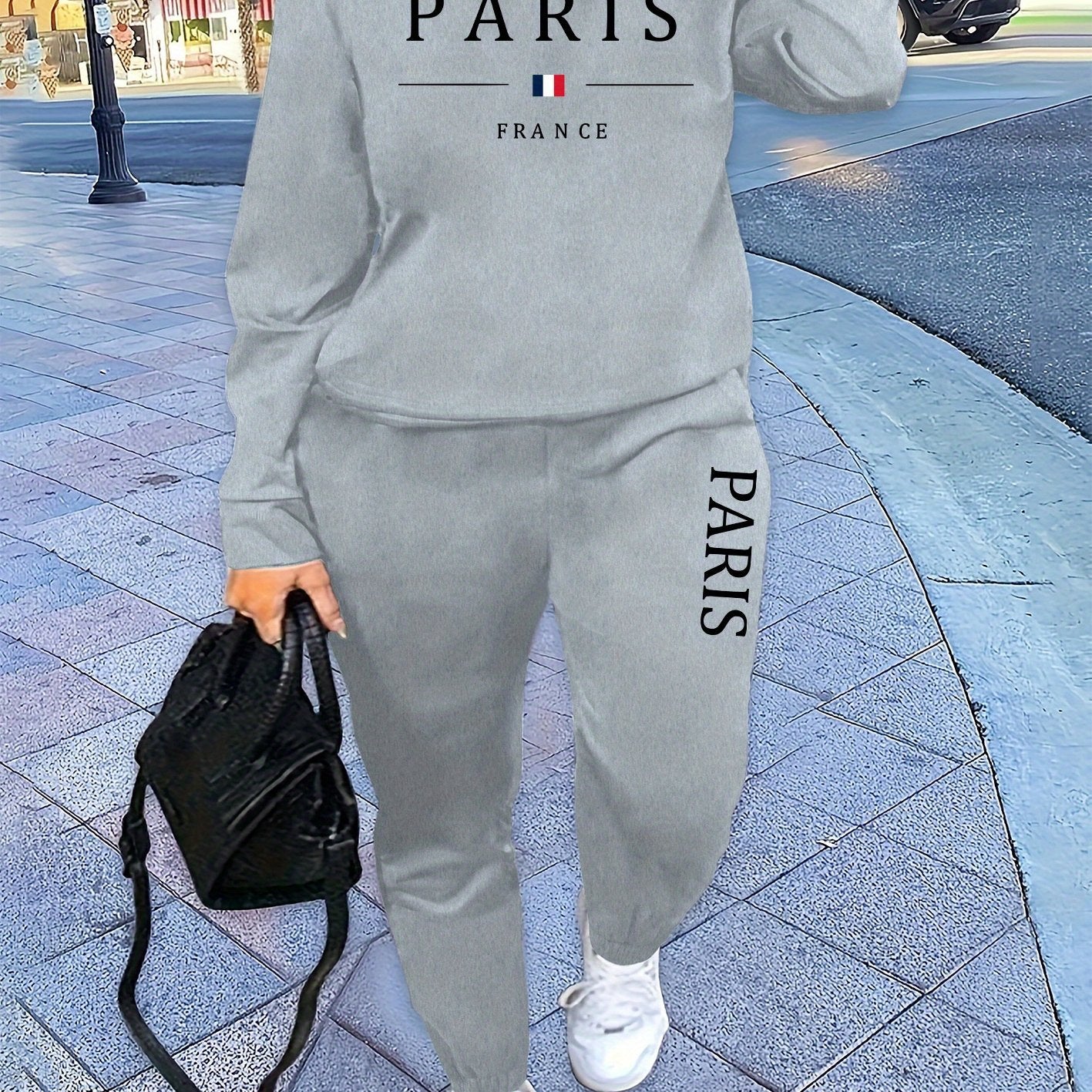 Letter Print Two Piece Set, Crew Neck Sweatshirt & Pants, Women's Clothing