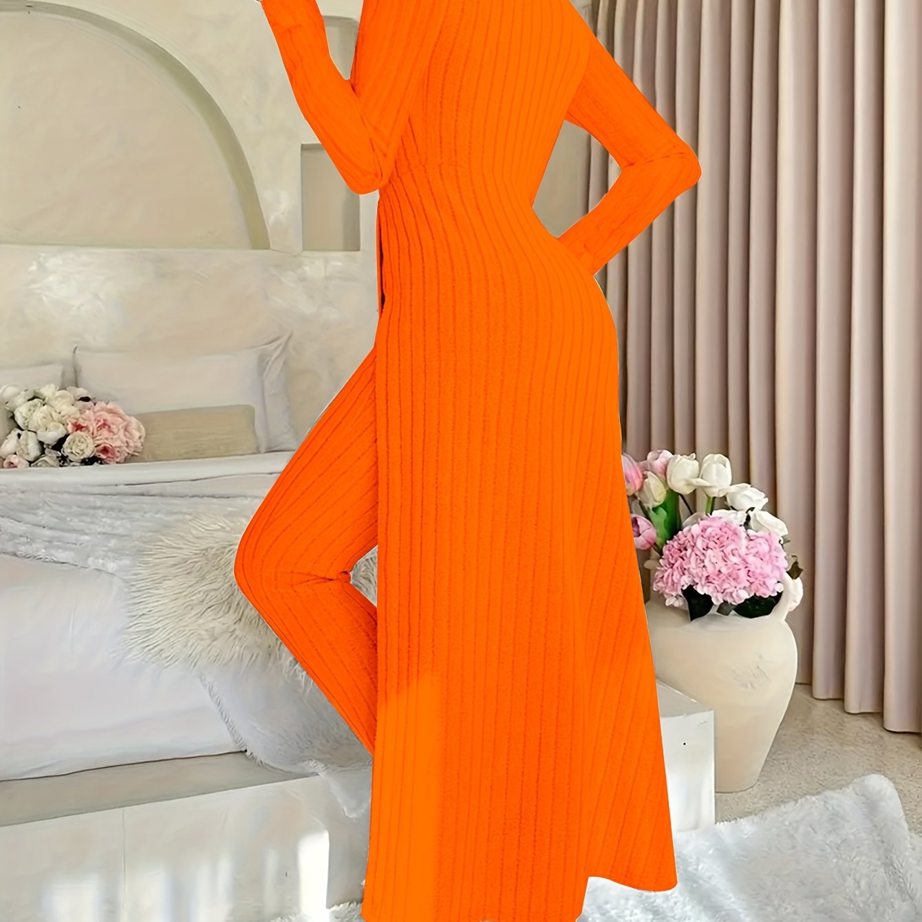 [Plaid Two-Piece] Two-Piece Set Round Neck Split Long Sleeve Top and Pants | Design Sensation with Plaid Spring/Autumn Style