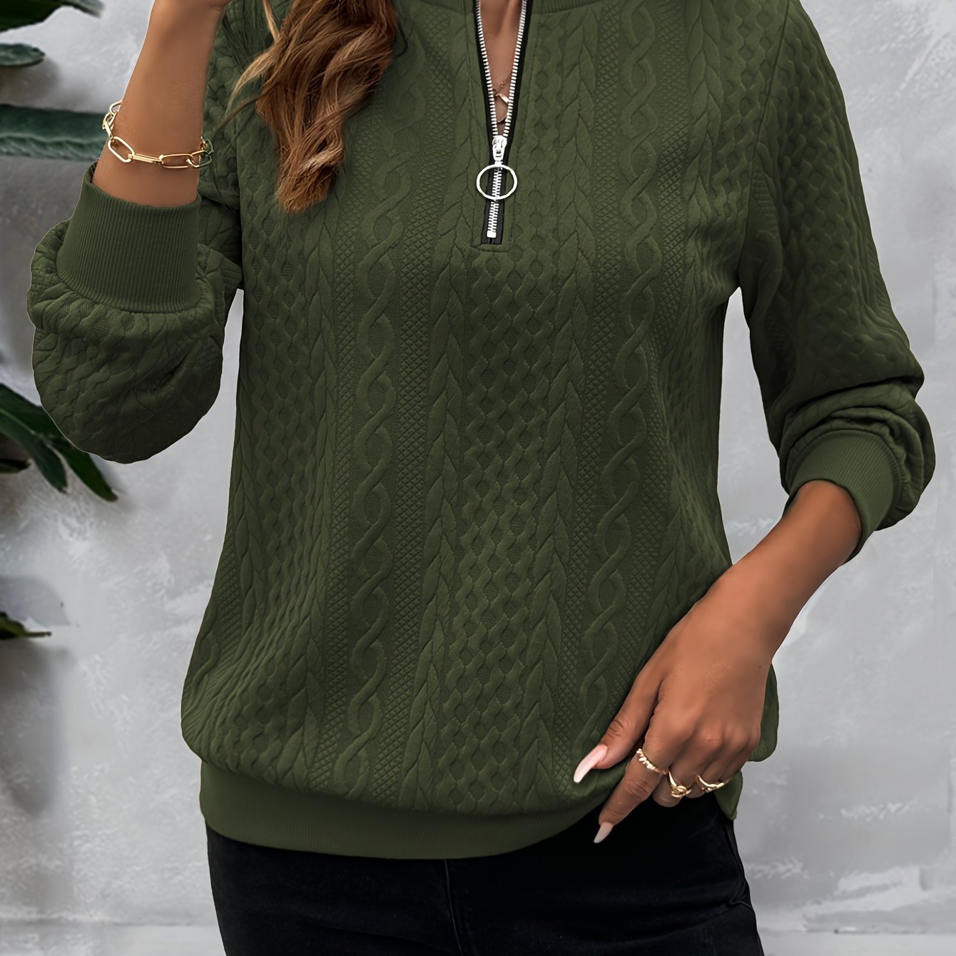 [Casual Sweatshirt] Casual Textured Half Zipper Pullover Sweatshirt | Women's Long Sleeve Sweatshirt For Fall & Spring