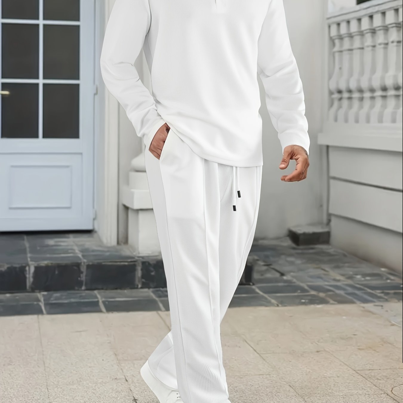 [Comfortable Men's Set] 2pcs Men's Long-Sleeve Shirt and Drawstring Pants Set - Clean, Comfortable, Breathable