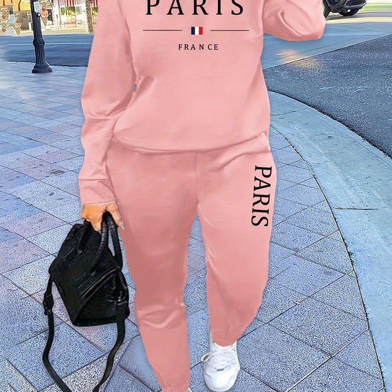 Letter Print Two Piece Set, Crew Neck Sweatshirt & Pants, Women&