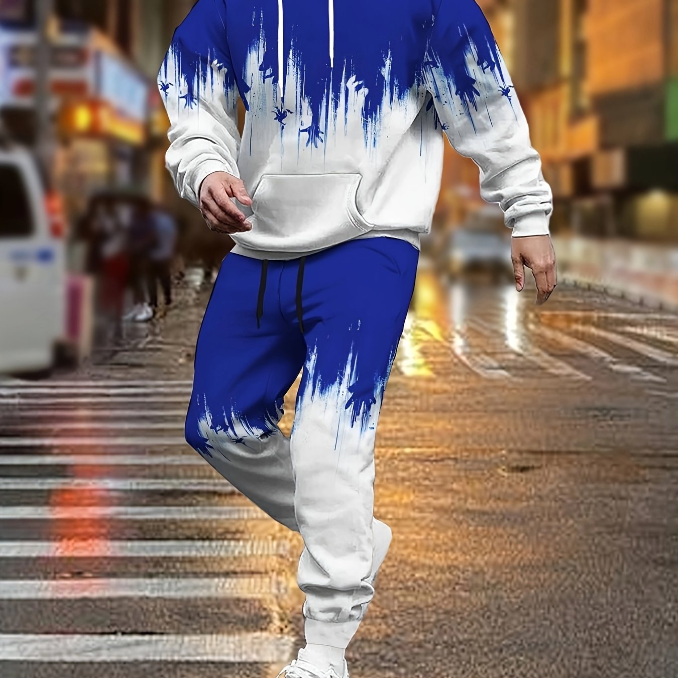 Men'S Plus Size Hoodie and Pants Set - Stylish Blue & White Geometric Print, Regular Fit, All-Over Design, Slight Stretch Fabric, Perfect for Casual Wear, PLUS SIZE