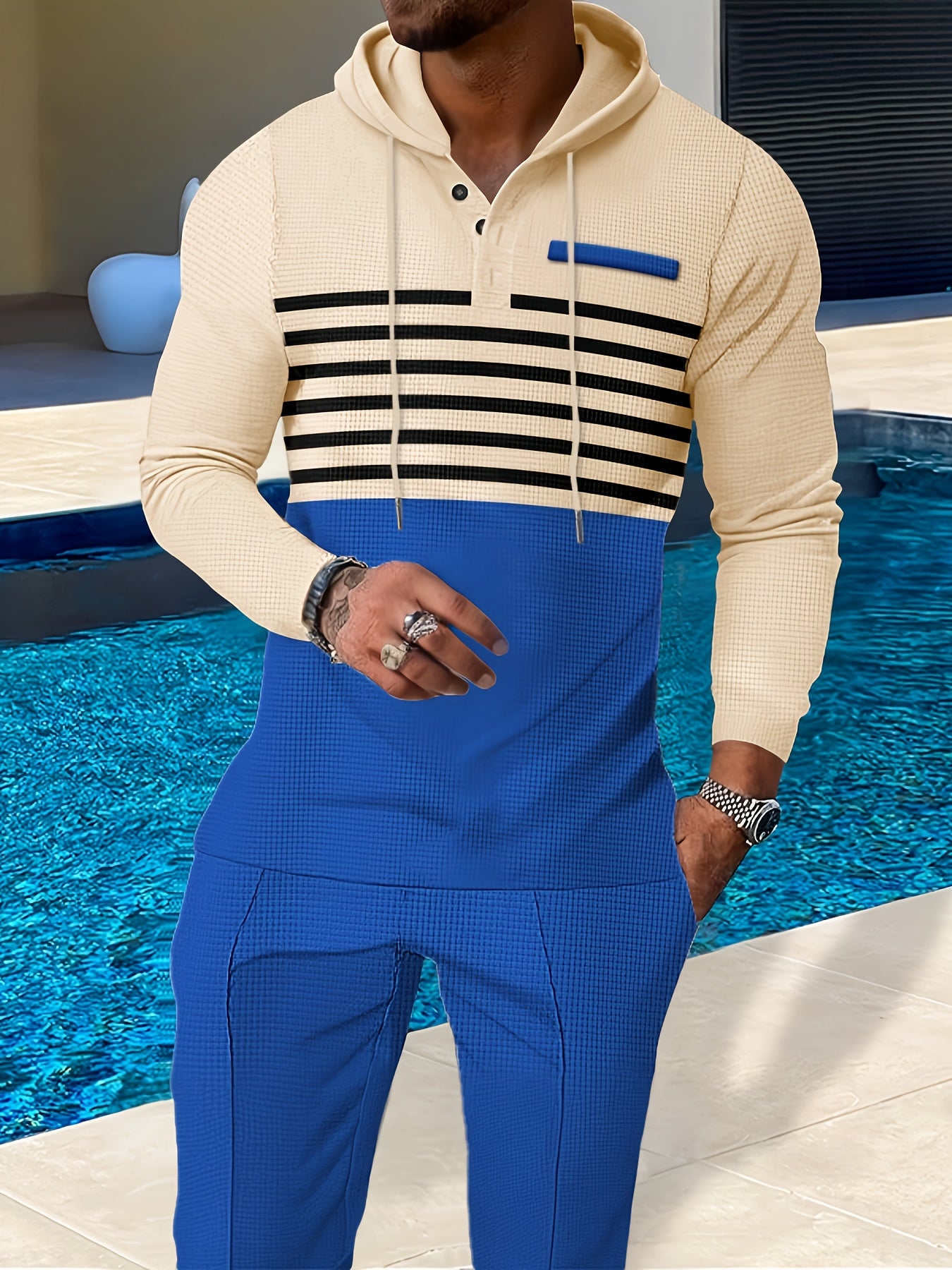 New Men's Casual Set Outdoor Versatile High Fashion Men's Hoodie Color blocked Striped Long Sleeve Top Long Pants Two Piece Set for Men