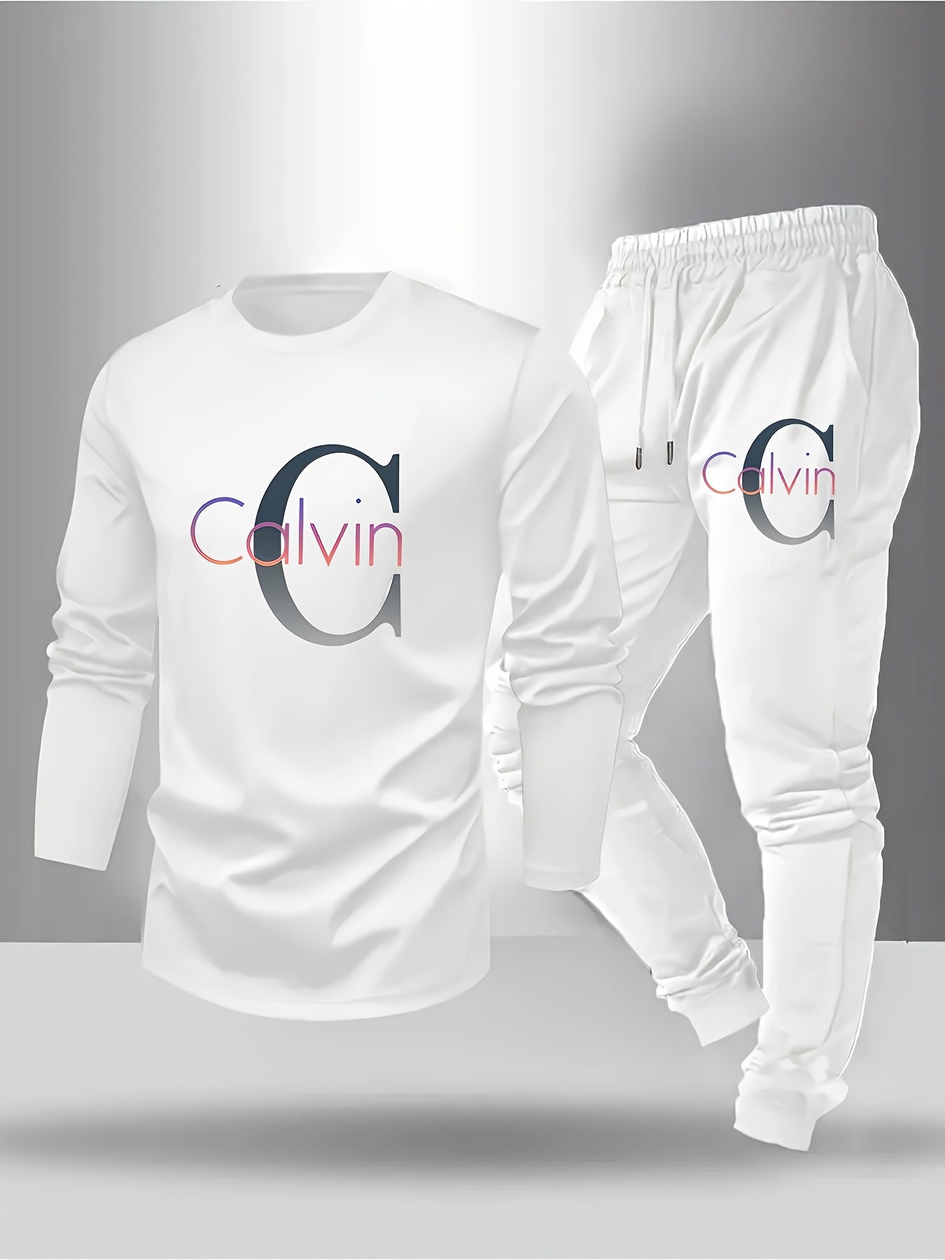 Large Men'S Long Sleeved T-Shirt And Pants Set, Spring/Autumn 2pcs Set with Letter Printed Round Neck Long Sleeved Top+Drawstring Outdoor Casual Sports Pants Set, Plus Size