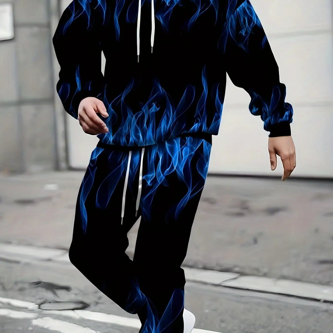 1 Set Men'S Plus Size Casual Athletic Sweatshirt and Pants Set - Vibrant Blue Flame Print, Polyester Knit Fabric, Slight Stretch, Regular Fit, Machine Washable, Ideal for Casual Attire, PLUS SIZE