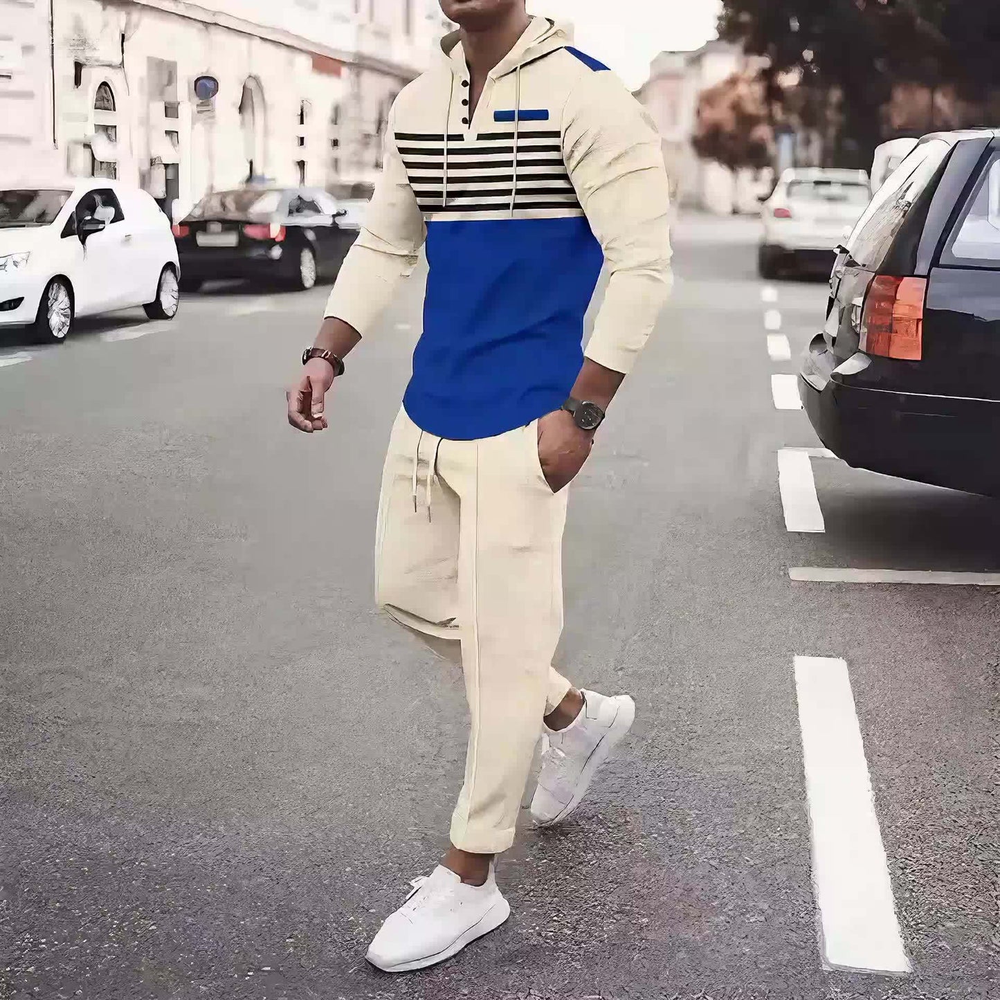 New Men's Casual Set Outdoor Versatile High Fashion Men's Hoodie Color blocked Striped Long Sleeve Top Long Pants Two Piece Set for Men