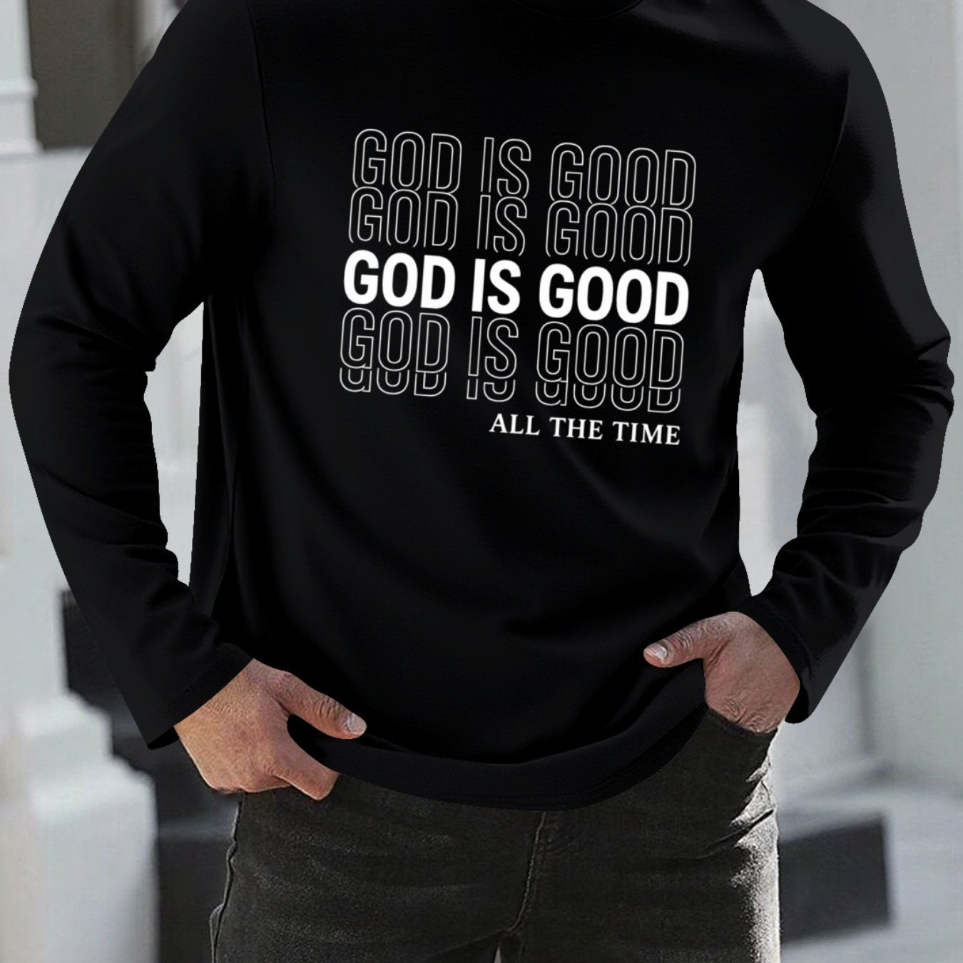Men's Oversized Christian Faith T-Shirt with "God is Good All The Time" Print - Breathable Long Sleeve Casual Round Neck Shirt for Church, Casual Attire & Religious Events - Spring/Fall Comfort Fit (Adults & Teens) - Medium S