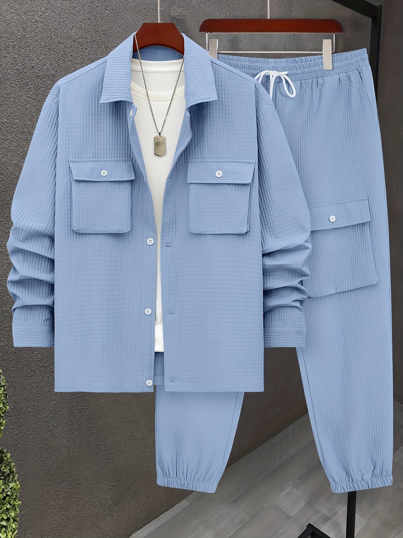 Large Size Men's Casual Long Sleeve Shirt and Trousers Set, PLUS SIZE