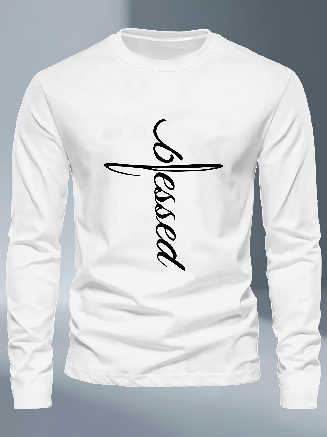 Men's Plus Size Long Sleeve T-Shirt - Dark Gray/Black Blessed Script & Cross - Soft Everyday & Formal Shirt - Machine Washable Casual Top for Religious Events Casual Attire, Event Apparel, Graphic Tee, Comfortable Fit, Comfor