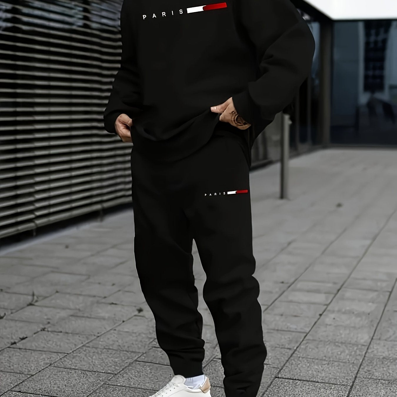 Men'S Casual 2pcs Pajama Set, Crew Neck Long Sleeve Top with Print Paris Design, Regular Fit Sweatpants with Pockets, 100% Polyester Knit Fabric, Slight Stretch, Fall Season Wear