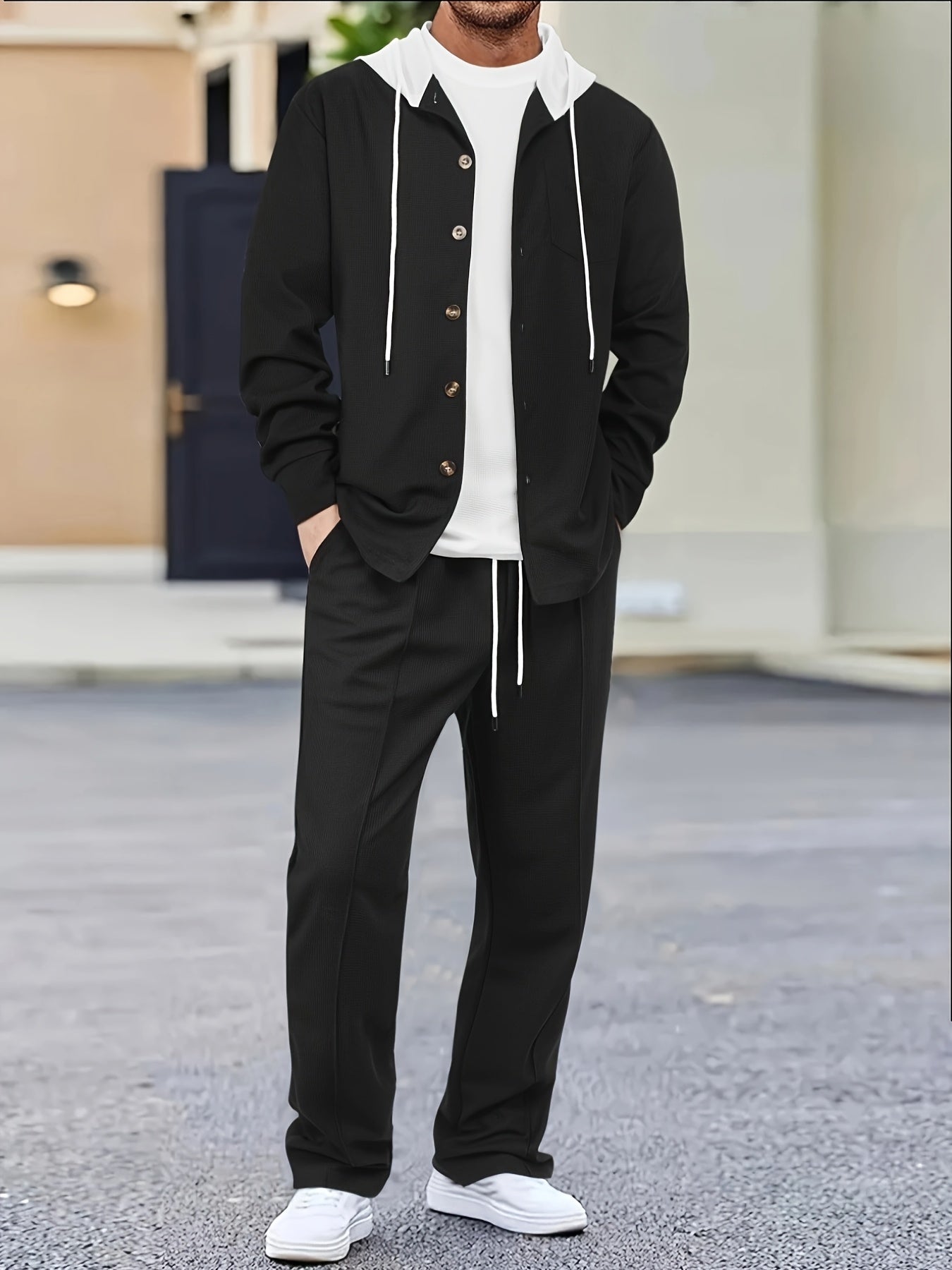 Men's Two-Piece Waffle Knit Set with Hooded Button-Up Cardigan and Drawstring Sweatpants Casual Wear Comfortable Outfit for Spring/Autumn