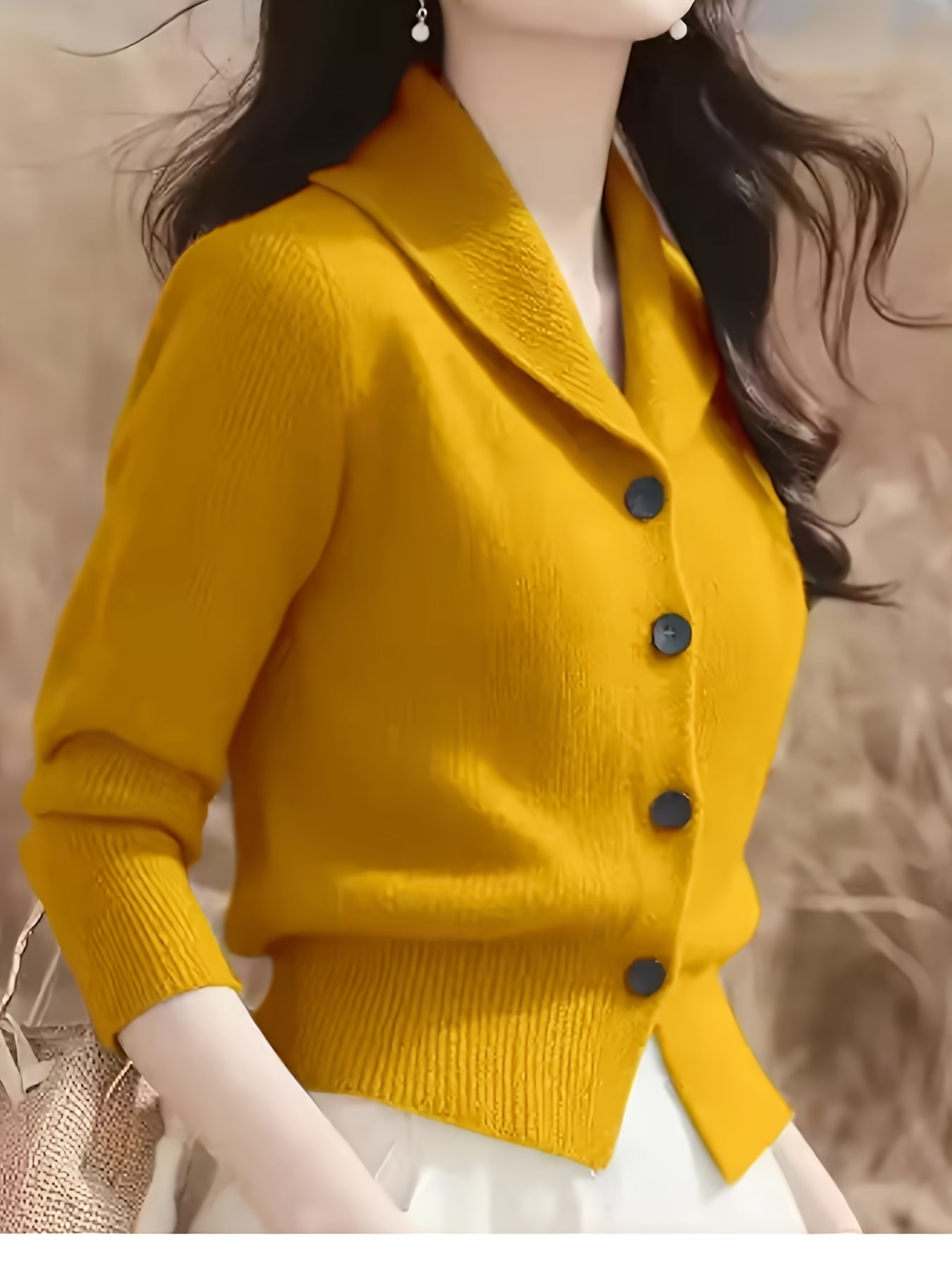 Women's Elegant Mustard-Yellow Cardigan - Long Sleeve Button-Front Design with Black Buttons, Turn- Collar & Ribbed Cuffs, All-Season Versatile Sweater for Casual or Formal Outfits, Layering Piece, Formal Attire, Sophisticate