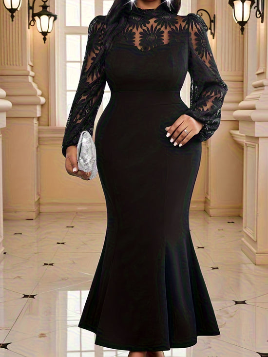 Plus Size - Elegant Solid Color Long Sleeve Dress | Mermaid Hem, Contrast Lace Detail, Crew Neck, Medium Stretch Fabric, Fitted Sheath Silhouette