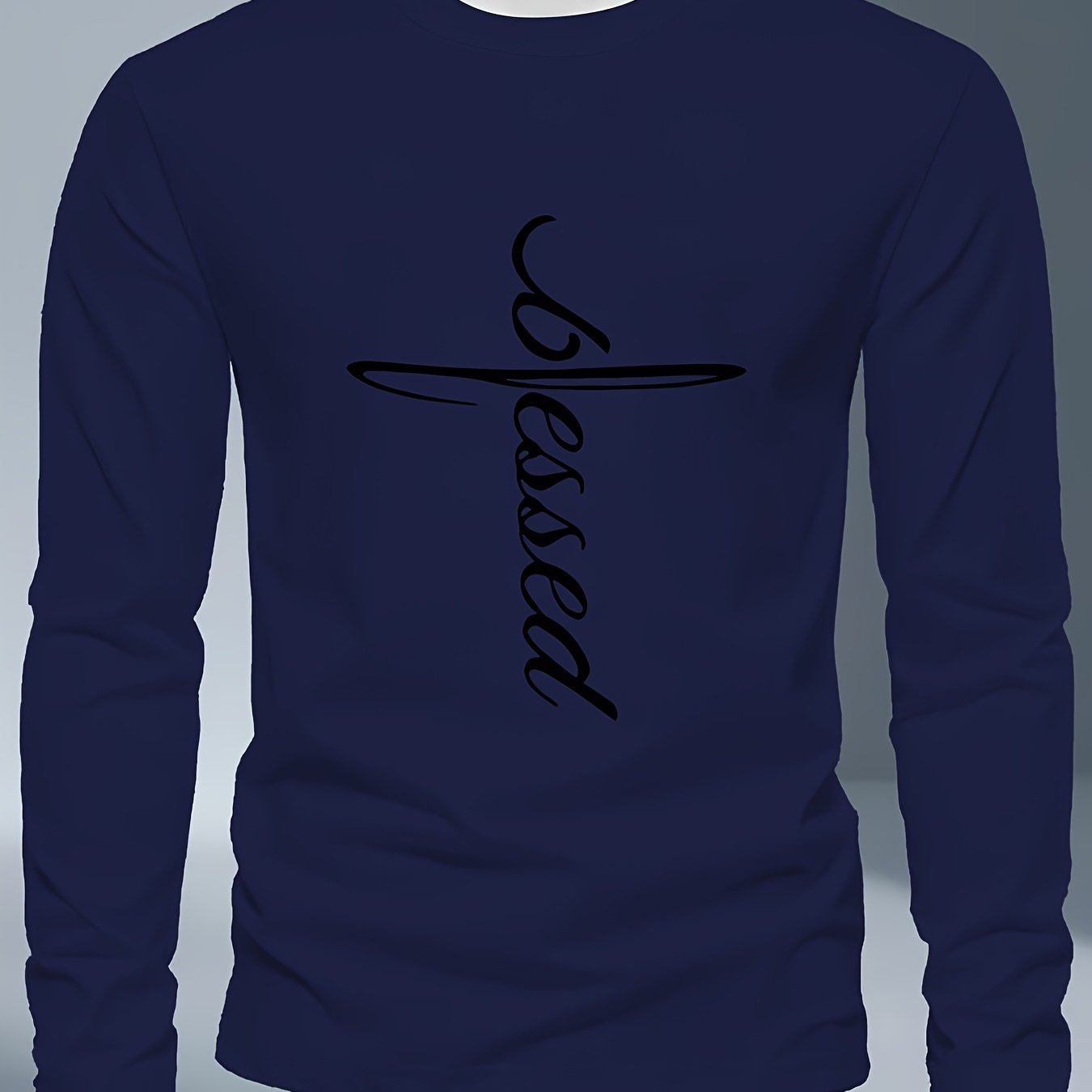 Men's Plus Size Long Sleeve T-Shirt - Dark Gray/Black Blessed Script & Cross - Soft Everyday & Formal Shirt - Machine Washable Casual Top for Religious Events Casual Attire, Event Apparel, Graphic Tee, Comfortable Fit, Comfor