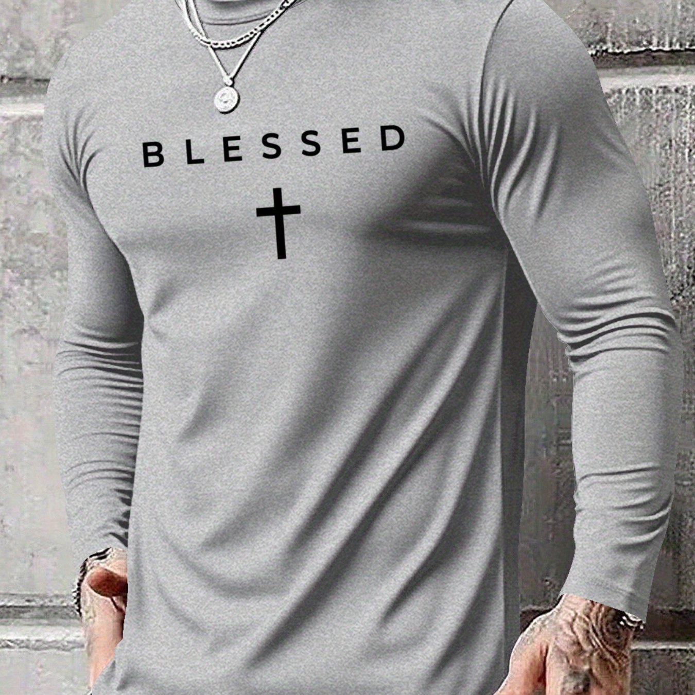 Men's Oversized Long Sleeve T-Shirt with Blessed Cross Print - Breathable Casual Round Neck Christian Faith Apparel, Plus Size Comfort Fit for Spring Summer Fall, Casual Attire & Church Events (Adults & Teens), PLUS SIZE