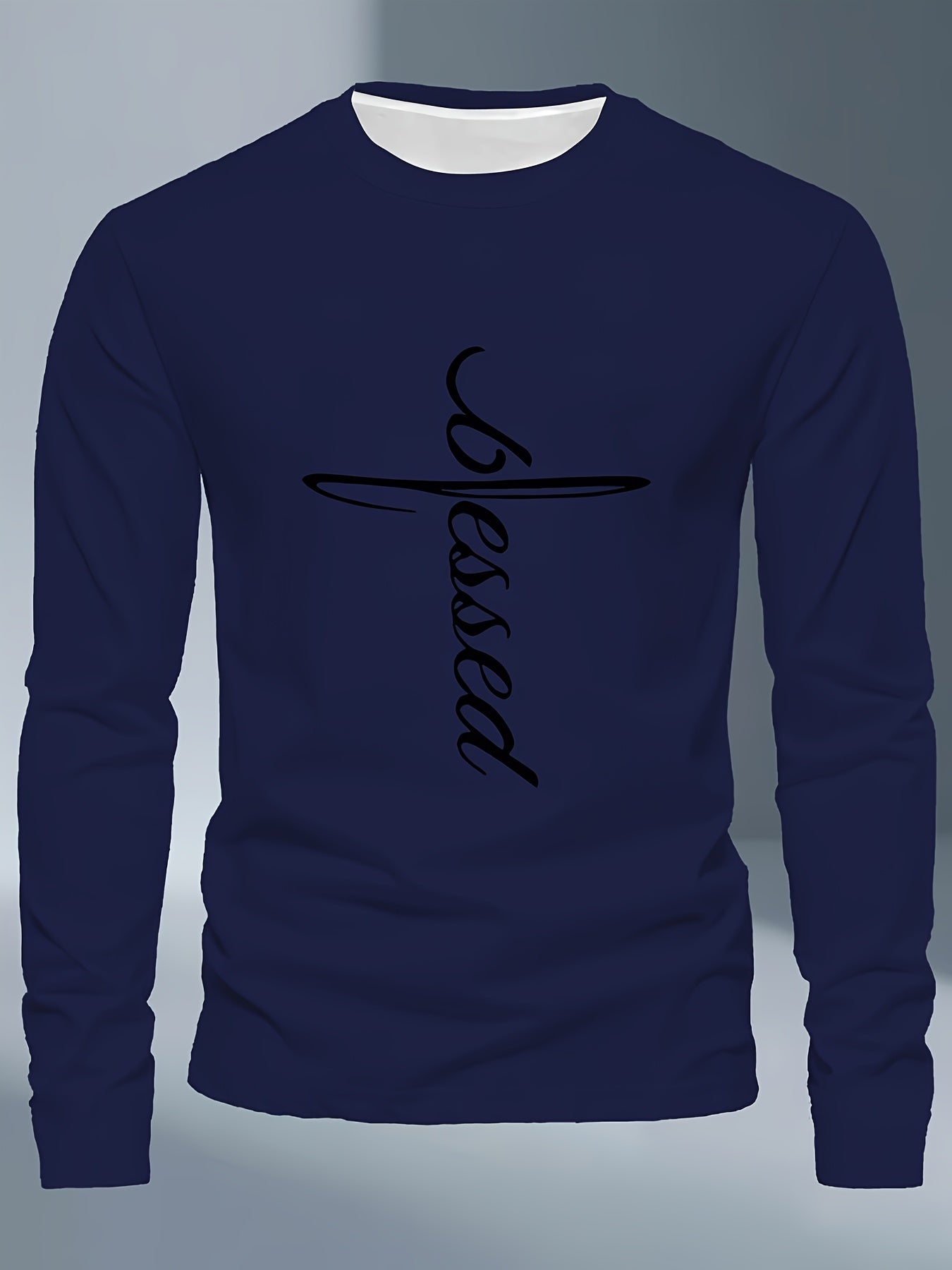 Men's Plus Size Long Sleeve T-Shirt - Dark Gray/Black Blessed Script & Cross - Soft Everyday & Formal Shirt - Machine Washable Casual Top for Religious Events Casual Attire, Event Apparel, Graphic Tee, Comfortable Fit, Comfor