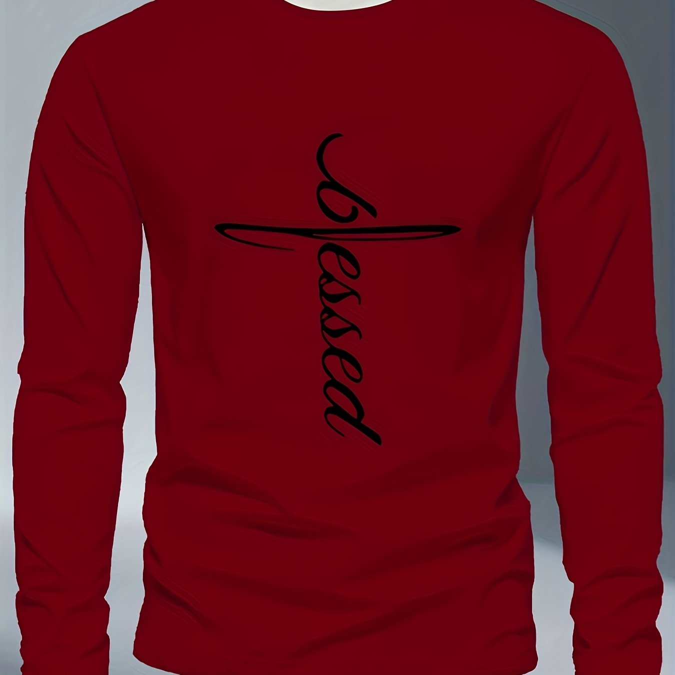 Men's Plus Size Long Sleeve T-Shirt - Dark Gray/Black Blessed Script & Cross - Soft Everyday & Formal Shirt - Machine Washable Casual Top for Religious Events Casual Attire, Event Apparel, Graphic Tee, Comfortable Fit, Comfor