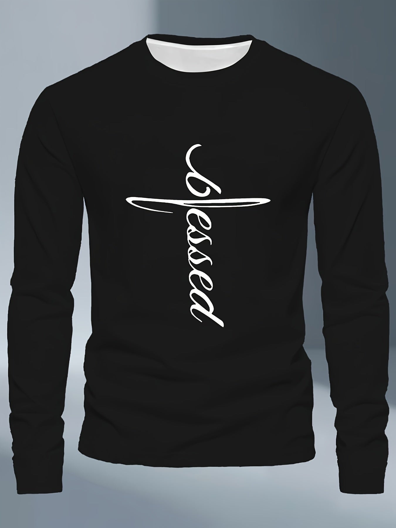 Men's Plus Size Long Sleeve T-Shirt - Dark Gray/Black Blessed Script & Cross - Soft Everyday & Formal Shirt - Machine Washable Casual Top for Religious Events Casual Attire, Event Apparel, Graphic Tee, Comfortable Fit, Comfor