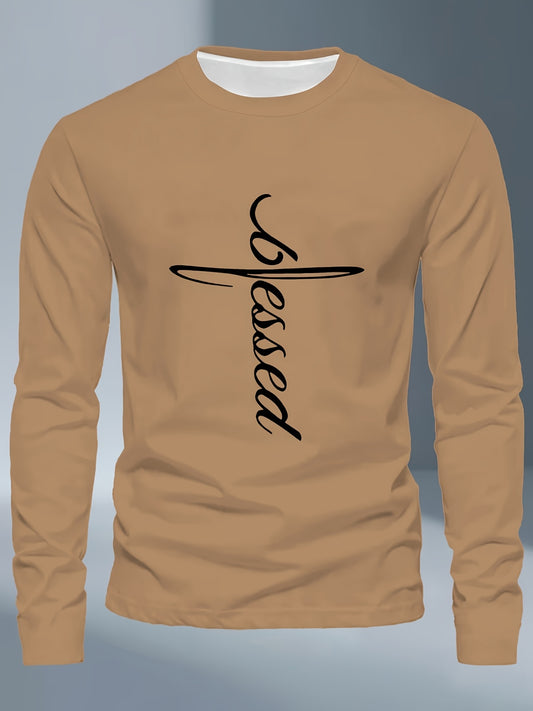Men's Plus Size Long Sleeve T-Shirt - Dark Gray/Black Blessed Script & Cross - Soft Everyday & Formal Shirt - Machine Washable Casual Top for Religious Events Casual Attire, Event Apparel, Graphic Tee, Comfortable Fit, Comfor