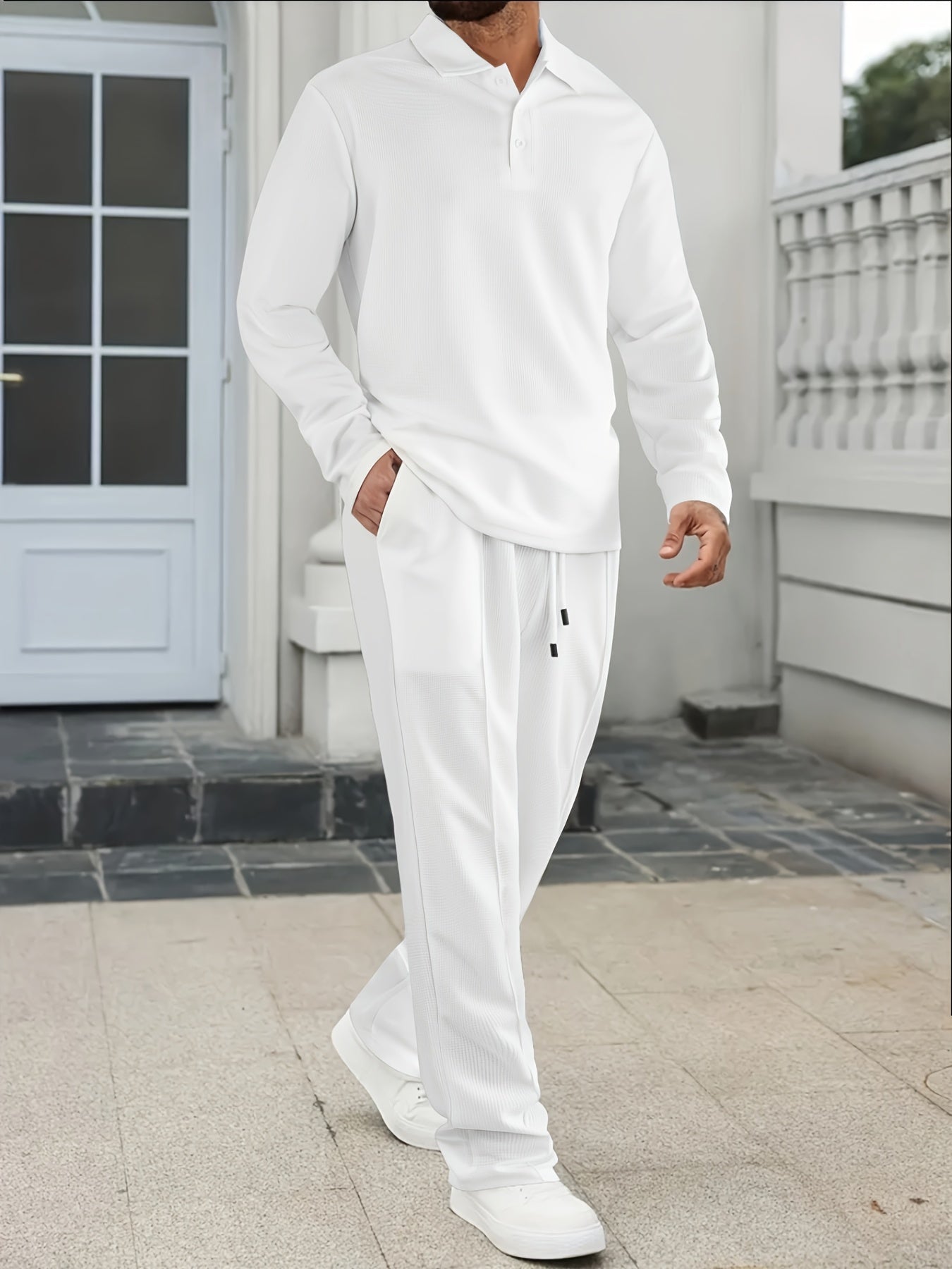 [Comfortable Men's Set] 2pcs Men's Long-Sleeve Shirt and Drawstring Pants Set - Clean, Comfortable, Breathable