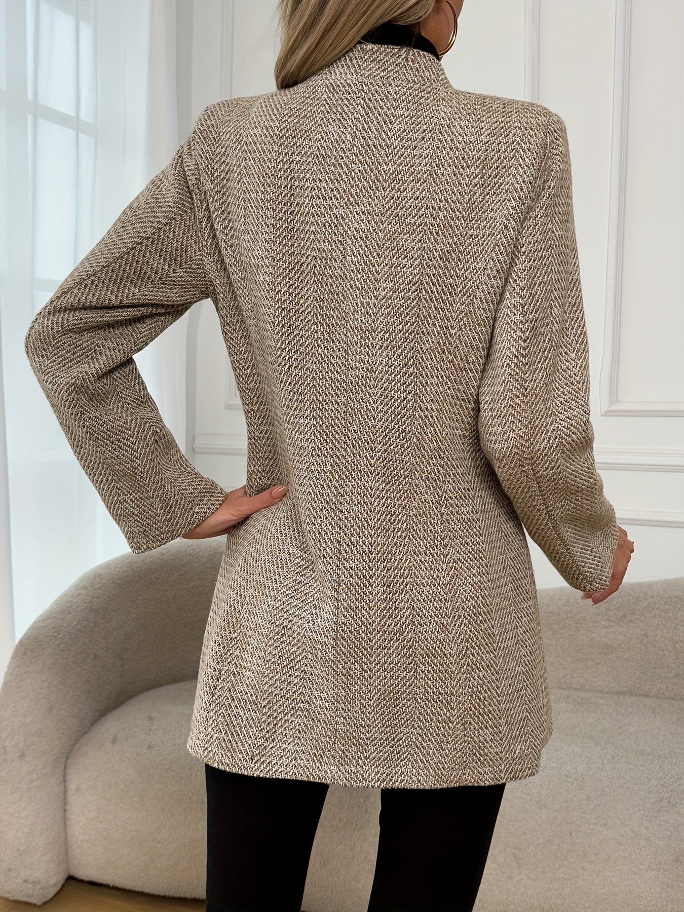Women's Tweed Coat - Elegant Beige, H-Silhouette Formal & Everyday Outerwear, Long Sleeve Winter Coat for Office, Parties, Casual Outfits - Non-Stretchy Mature Professional Jacket, Office Wear, Tailored Fit, Textured Fabric,