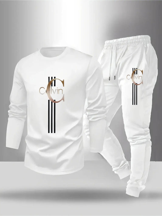 2pcs Set- Large-Sized Men'S Long-Sleeved T-Shirt And Long Pants Set, Letter-Printed Round-Neck Top+ Drawstring Outdoor Casual Sport Pants Set, Spring And Autumn Clothing, Polyester Blend for Softer And More Breathable, Larger