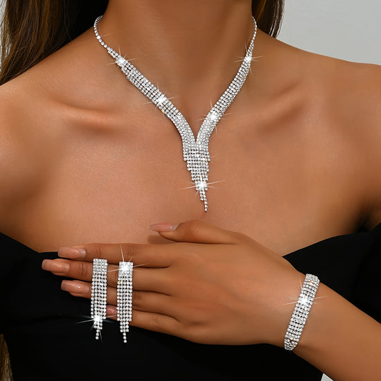 Elegant V-Shaped Tassel Necklace Set - with Bracelet and Earrings - Synthetic Gemstone - Rhinestone Accents - Copper Base - Versatile for Daily Wear and Parties - August Birthstone - All-Season Accessory