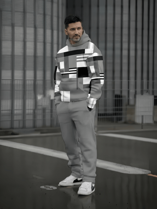 Geometric Splicing Hoodie+Casual Pants Set | Men&